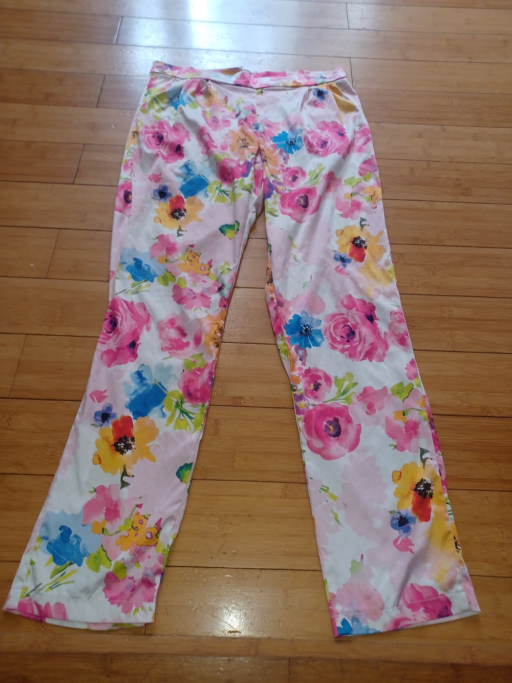 Womens Silky Floral Print Multicolor Pants Size 10 Pleated Front  27 Inseam